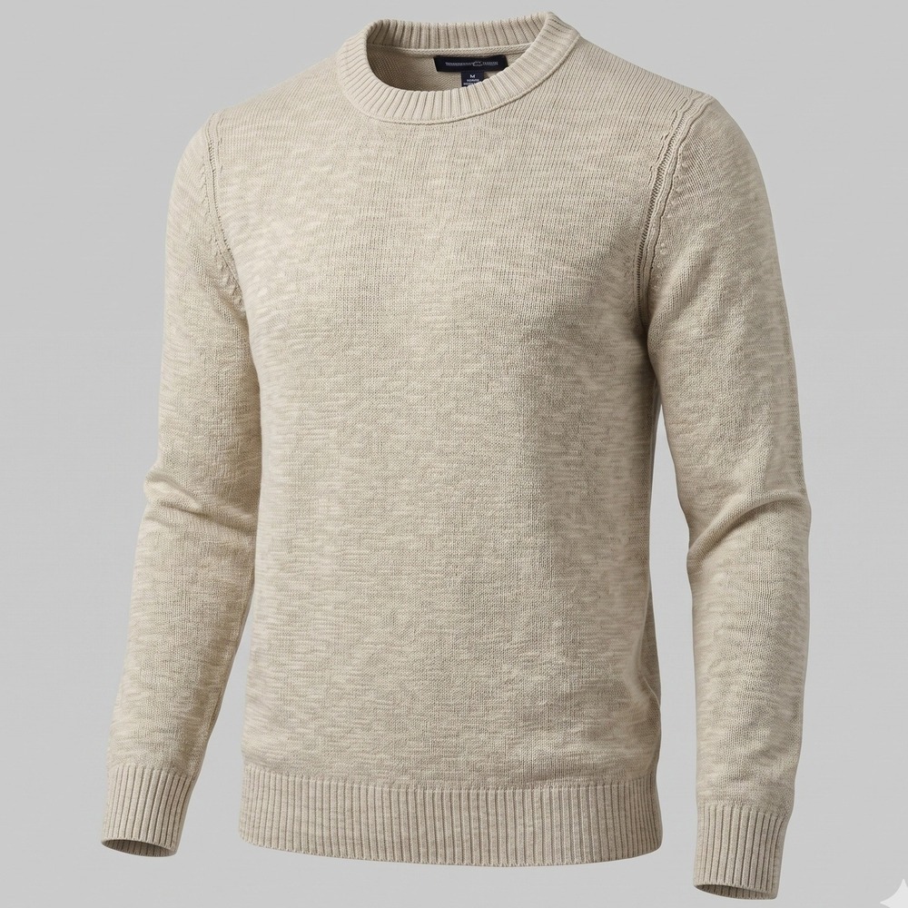 Treasure & Bond Mens Medium Beige Sweater Linen Cotton Crew Neck Solid Knit